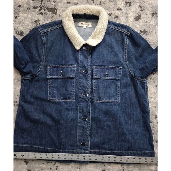 Madewell Lightweight Denim Jacket Teddy Faux Fur Collar Large Casual Streetwear - Picture 4 of 9